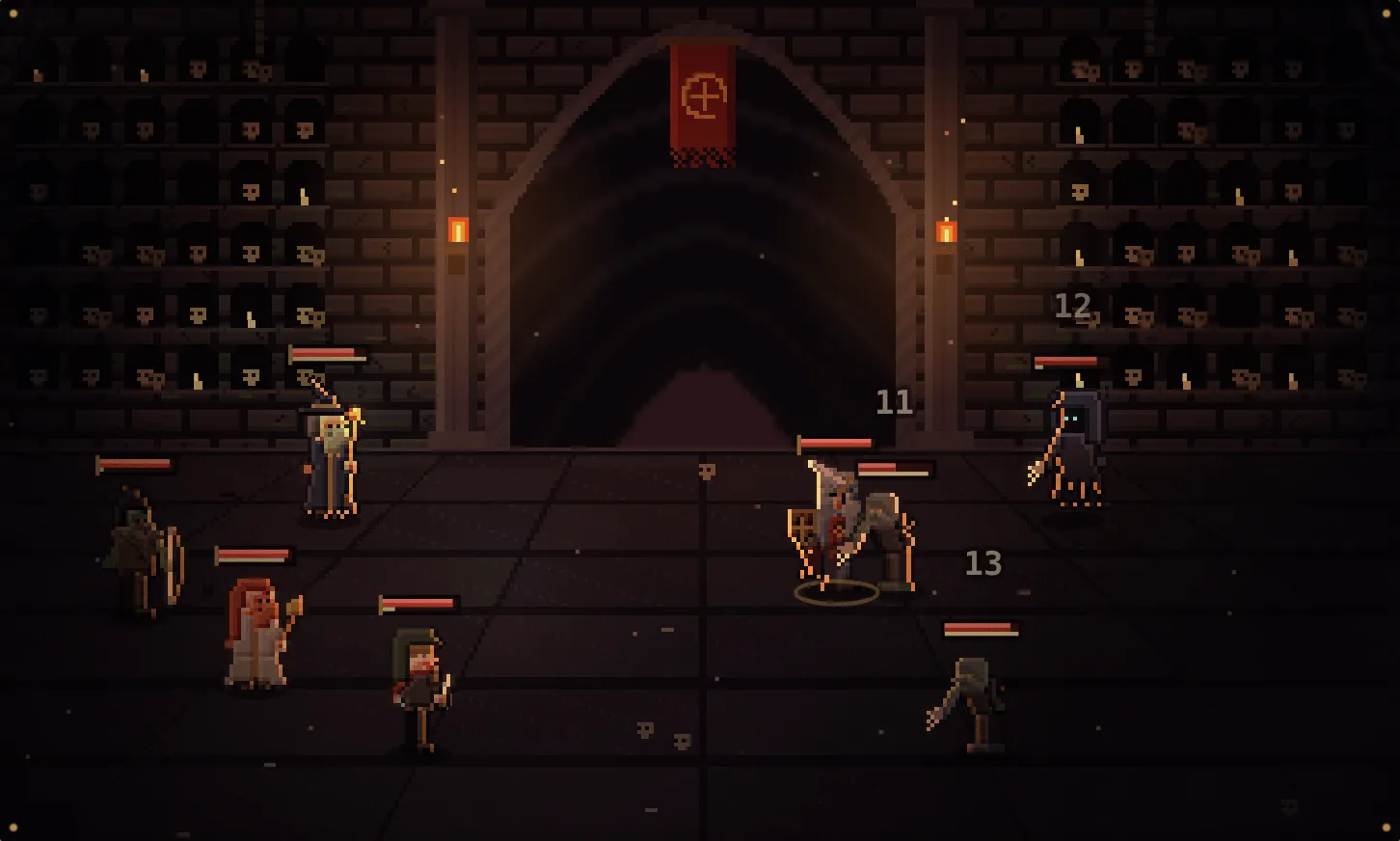 A pixel-art battle in a torchlit catacomb: a party of heroes with health bars faces hooded undead under a red banner, with damage numbers floating above them.