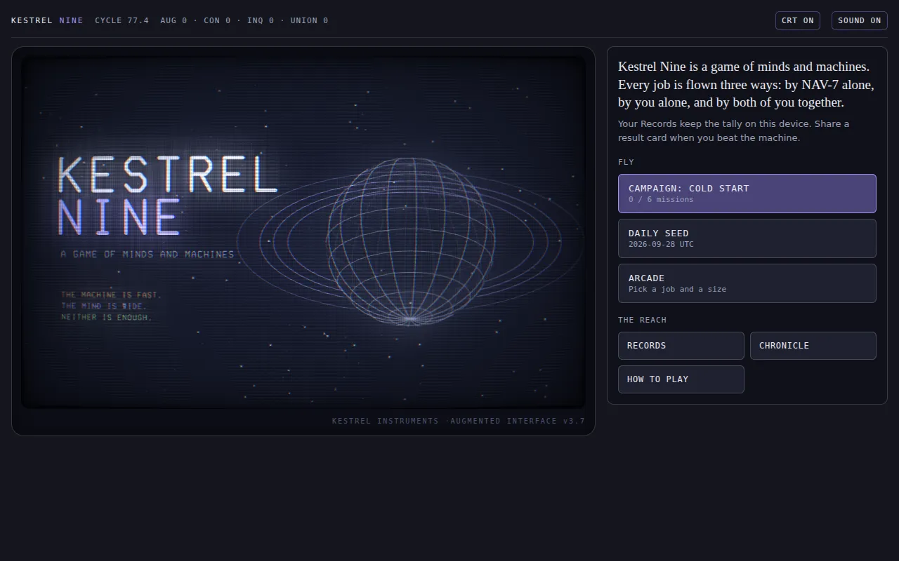 Kestrel Nine's title screen: glowing vector lettering beside a wireframe ringed planet on a dark CRT screen, with a console menu offering Campaign, Daily seed and Arcade.
