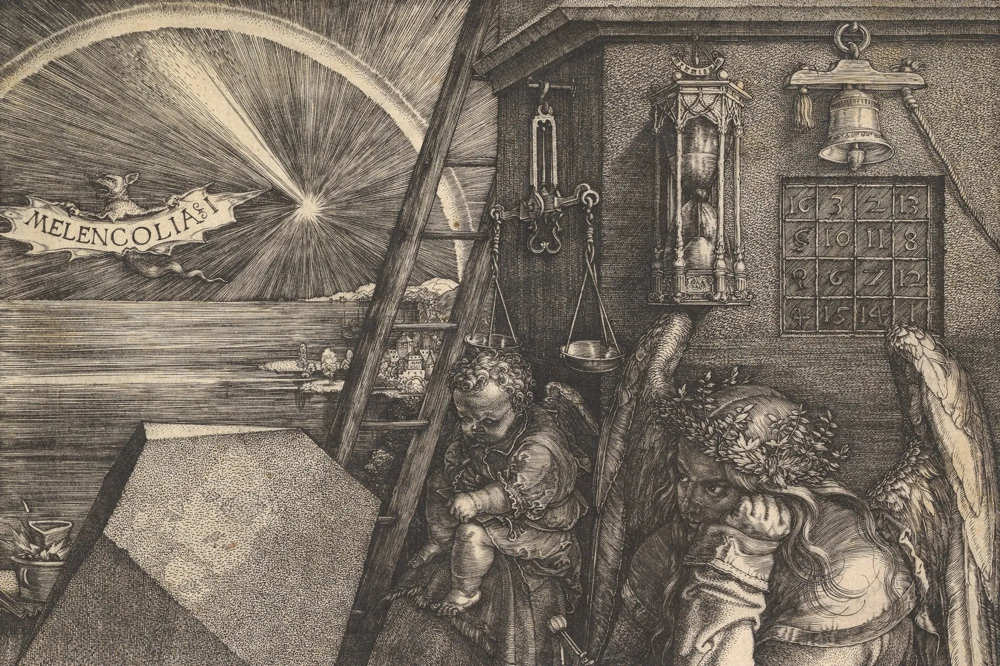 The upper half of Albrecht Dürer's 1514 engraving Melencolia I: a four-by-four magic square hangs on a wall beside an hourglass, a bell and a pair of scales. Below it a winged woman in a laurel wreath rests her cheek on her fist beside a small cherub, a ladder and a large many-sided stone. Across the sea, a comet, a rainbow and a bat-winged creature carry a banner reading MELENCOLIA I.